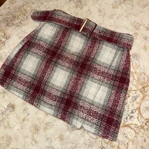Forever 21 Burgundy and Gray Plaid Belted Mini Skirt